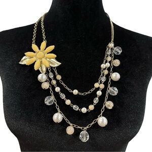 Triple Layered Necklace Flower Statement Beaded Fringe Gold Tone Chain Adjustabl